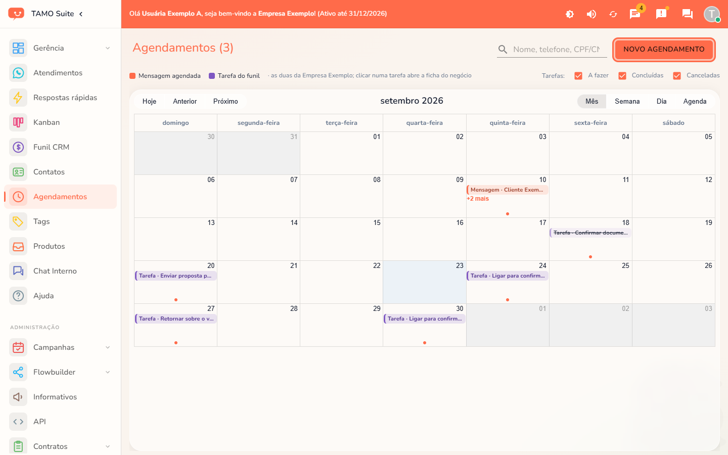 O calendário de agendamentos, com o botão "Novo Agendamento" em destaque