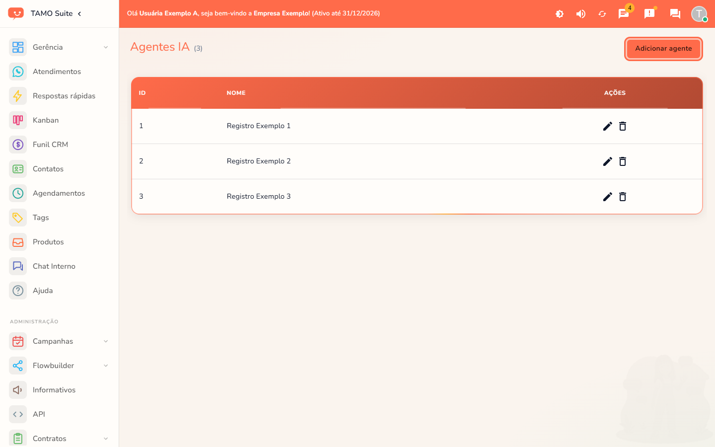 A lista de agentes de IA, com o botão de adicionar em destaque