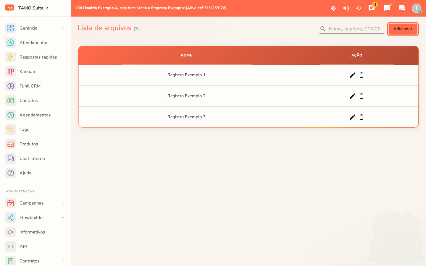 A lista de arquivos, com o botão "Adicionar" em destaque