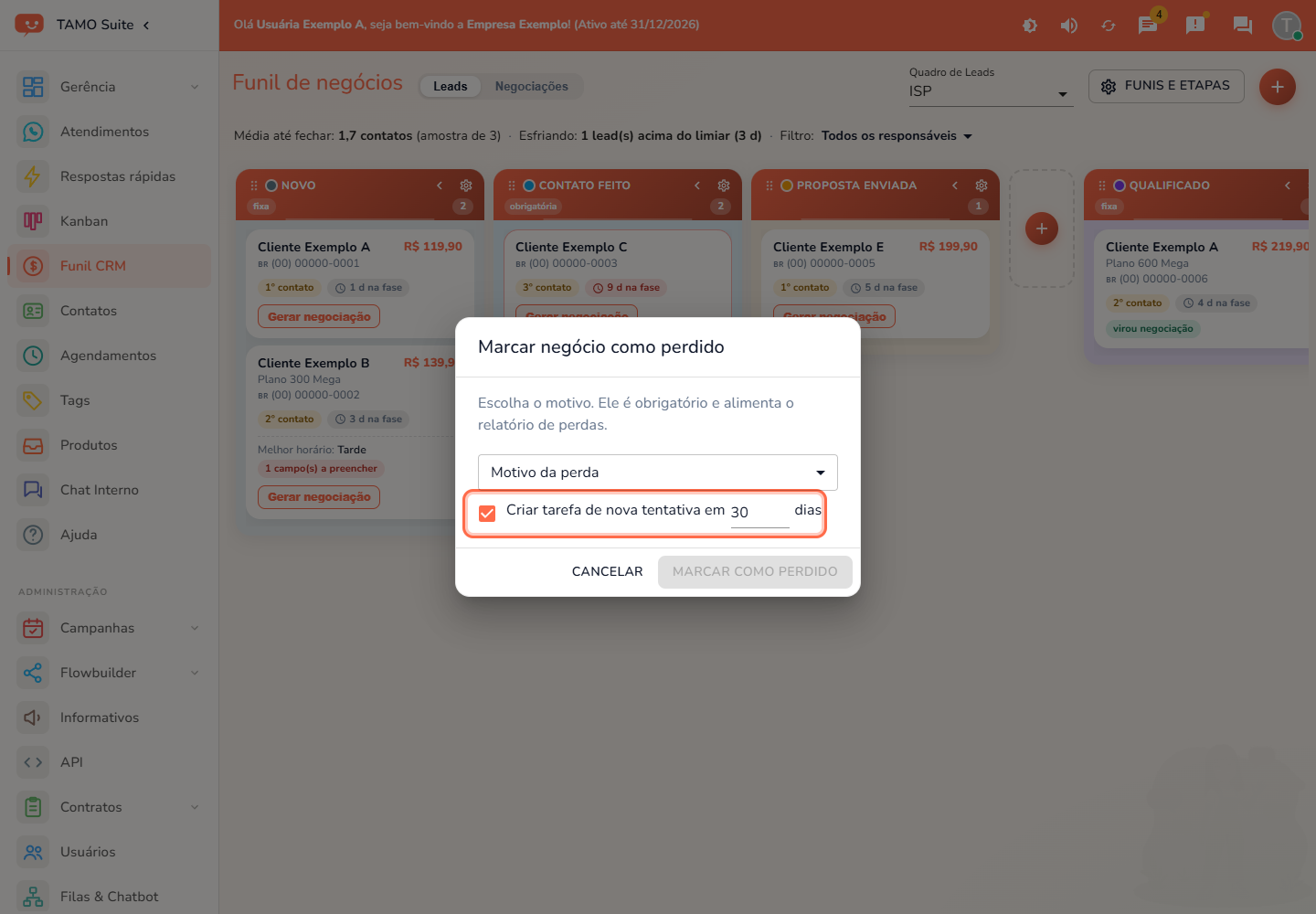 O diálogo "Marcar negócio como perdido", com a caixa de nova tentativa em destaque