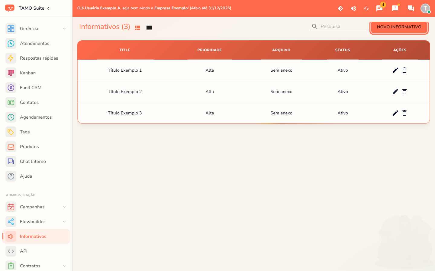 A lista de informativos, com o botão de alternar para o quadro em destaque