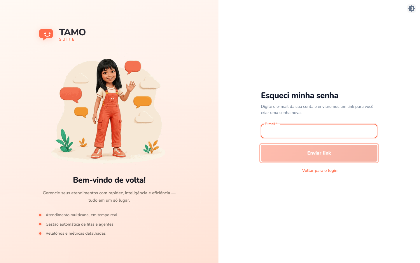 A tela "Esqueci minha senha", com o botão "Enviar link" em destaque