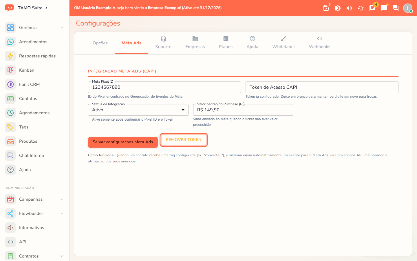A tela de configuração do Meta Ads, com o token já configurado e o botão "Remover token" em destaque