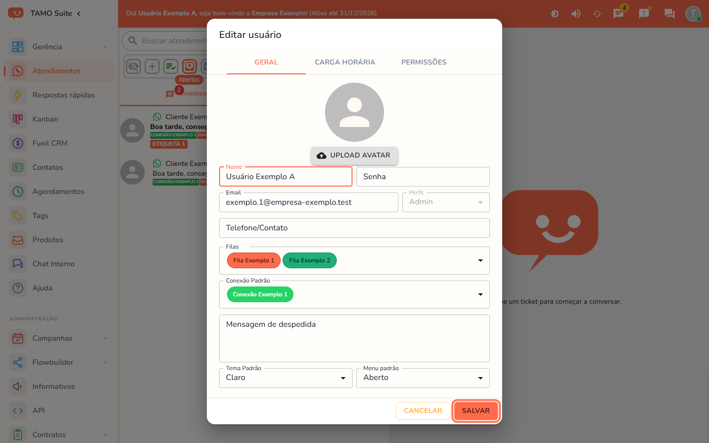 A janela "Editar usuário", com o botão "Salvar" em destaque