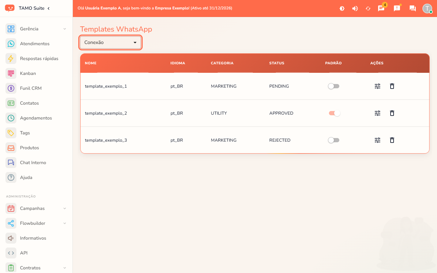 A lista de templates aprovados, com o seletor de conexão em destaque