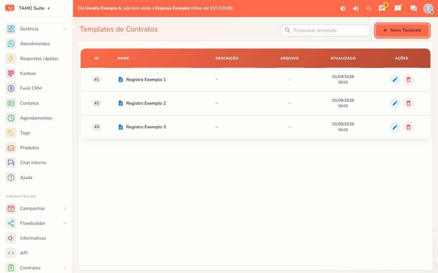 A lista de templates de contrato, com o botão "Novo Template" em destaque